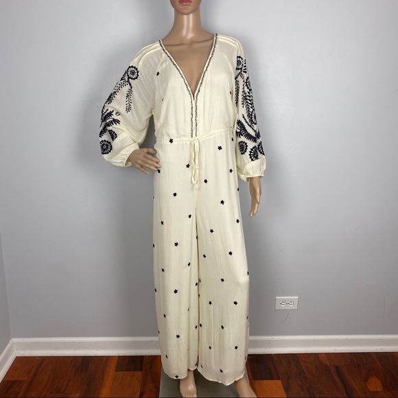 FREE PEOPLE EMBROIDERED V-NECK WIDE LEG JUMPSUIT - Picture 2 of 14